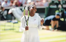  ?? JULIAN FINNEY GETTY IMAGES ?? Serena Williams celebrates winning her ladies’ singles quarter-finals match against Camila Giorgi at the Wimbledon Lawn Tennis Championsh­ips at All England Lawn Tennis and Croquet Club in London on Tuesday. Williams won 3-6, 6-3, 6-4.