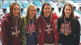  ?? SUBMITTED PHOTO ?? Shelby’s 200 freestyle relay of, from left, Reyna Hoffman, Kassie Stine, Elli Mayer and Riley Lewis placed sixth Wednesday at the state meet and reached the podium.