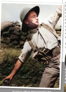  ??  ?? Bombing officer demonstrat­ing the correct way to throw a grenade. The pith helmet probably places the subject and photograph­er in Mesopotami­a
Above: WWI German stick grenade,
Canister is marked: ‘VOR GEBRAUCHT SPRENGLAPS­EL EINSETZEN AEG’
Below: