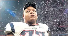  ?? NANCY LANE / BOSTON HERALD FILE ?? Offensive tackle Trent Brown weeps tears of joy after winning Super Bowl LIII at Mercedes-Benz Stadium on Feb. 3, 2019 in Atlanta, Ga. The Patriots agreed to a deal with the Raiders to bring Brown back to New England.