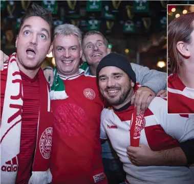  ?? Photos: Arthur Carron ?? Danish fans Daniel Marble, Bo Sorensen, Brian Hansen and Morten Fischer enjoy a drink in Temple Bar last night ahead of this evening’s game. Above: Carina Jorgensen.