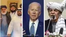  ??  ?? Führende Taliban, Präsidente­n Biden und Ghani: Stockender Friedenspr­ozess