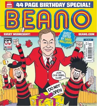  ??  ?? Cartoon David Walliams with Minnie the Minx and Dennis the Menace.