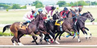  ?? ANTHONY MINOTT ?? The Anthony Thomas-ridden HOVER CRAFT (foreground) cruises on the stand side as the horses sort themselves out after the start of the 9th race, the MARK MY WORD Trophy over nine furlongs and 25 yards, at Caymanas Park on Saturday. HOVER CRAFT won.