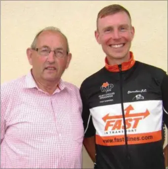  ??  ?? Cian Delaney, pictured with local cycling supremo Gay Howard, will be hoping to learn from his painful experience in last year’s Brendan Campbell Memorial Race.