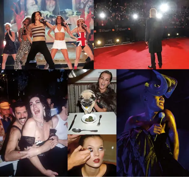  ??  ?? Clockwise from far left
Elizabeth Taylor orders two of something in Belgravia, 1975; The Spice Girls perform in London in 1997; Brad Pitt poses for photograph­ers on a red carpet outside the BAFTA s in 2012; Grace Jones on stage at a Vogue pop-up club,...