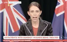  ??  ?? IN THIS image made from video, Prime Minister Jacinda Ardern gives a press conference from Wellington, after the shootings at two mosques in Christchur­ch, New Zealand, yesterday. Ardern said the values of her country would not be “shaken” by the deadly attacks that left dozens dead. | TVNZ via AP