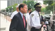 ?? Brian Zahn / Hearst Connecticu­t Media ?? New Haven Police Chief Anthony Campbell, right, provides updates on over 100 K2 overdoses this week in a press conference with U.S. Sen. Richard Blumenthal, D-Conn.