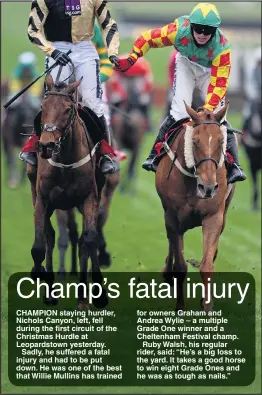  ??  ?? CHAMPION staying hurdler, Nichols Canyon, left, fell during the first circuit of the Christmas Hurdle at Leopardsto­wn yesterday.
Sadly, he suffered a fatal injury and had to be put down. He was one of the best that Willie Mullins has trained for...