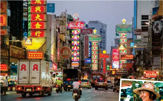  ??  ?? Hotspot: Bangkok’s bustling Chinatown. Inset: A market vendor sells produce