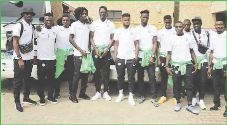  ??  ?? Nigeria’s Under-23 Olympic Eagles shortly before departing Abuja for Egypt... yesterday