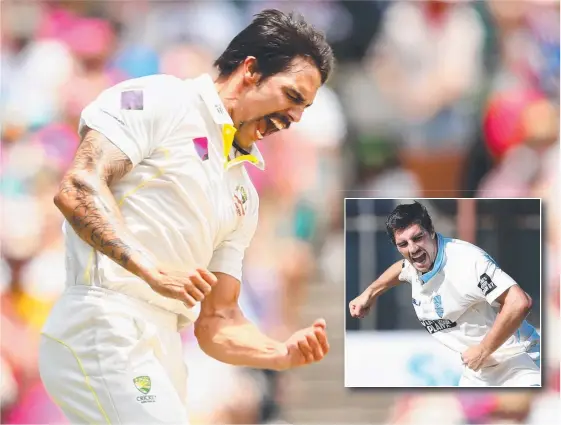  ??  ?? Mitchell Johnson (main) destroyed England in the 2013/14 Ashes and Pat Cummins (inset) is hoping to be the hero this time. Picture: GETTY IMAGES