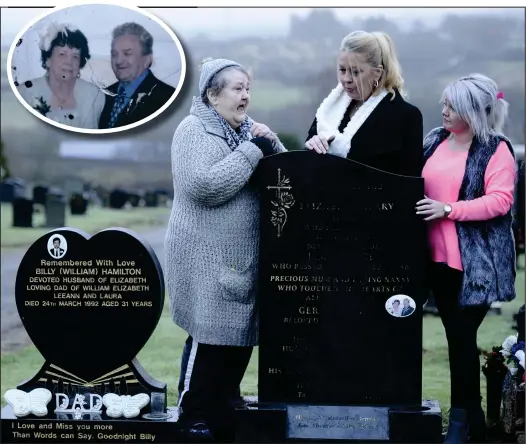  ??  ?? Ann Ronald, left, and sister Elizabeth, centre, with Shelly McArthur, at the damaged grave of Elizabeth Percy and Gerald McDaid, inset