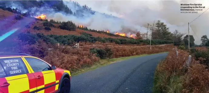  ?? PHOTO BY WICKLOW FIRE SERVICE ?? Wicklow Fire Service responding to the fire at Glenmacnas­s.