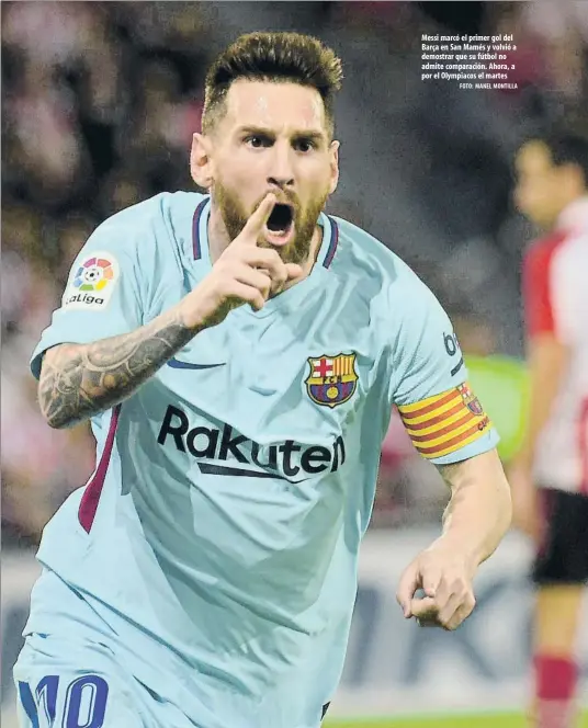  ?? FOTO: MANEL MONTILLA ?? Messi marcó el primer gol del Barça en San Mamés y volvió a demostrar que su fútbol no admite comparació­n. Ahora, a por el Olympiacos el martes