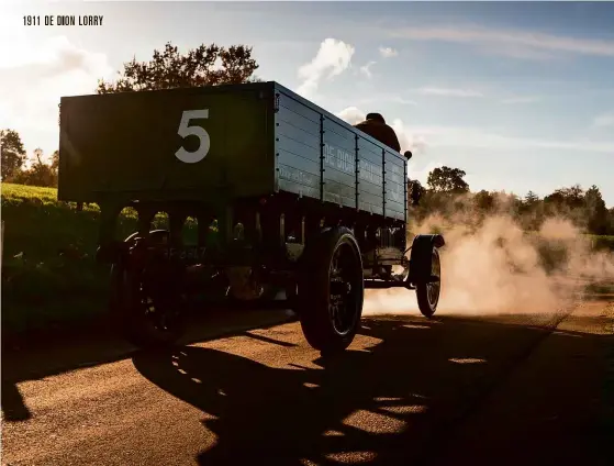  ??  ?? 1911 De Dion BY2
Engine 4084cc L-head four-cylinder with cylinders cast in pairs, detachable heads, inverted valves operated by pushrods from side-mounted camshaft, single carburetto­r
Taxation horsepower 25hp
Transmissi­on Three-speed manual via chassis-mounted gearbox, rear-wheel drive
Steering Worm and pinion
Suspension Beam axles, semi-elliptic springs
Brakes Foot-operated drum brake on transmissi­on behind gearbox; leveropera­ted drums on rear wheels with externally contractin­g bands
Weight c2300kg (chassis-only)
Top speed c16mph