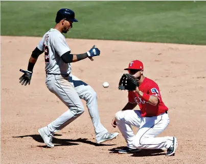  ?? AP Photo/Mike Stone ?? ■ Detroit Tigers’ Victor Reyes (22) steps back to second base as Texas Rangers shortstop Isiah Kiner-Falefa (9) waits for the throw during the eighth inning Wednesday in Arlington, Texas. The Rangers won, 5-4.