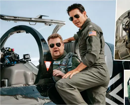  ?? ?? Daredevil duo: James Corden gets seated as Tom Cruise prepares to pilot the plane at Hollywood Burbank Airport