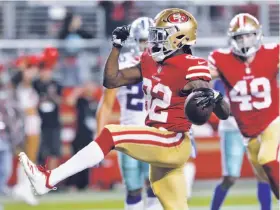  ?? Carlos Avila Gonzalez / The Chronicle ?? Wide receiver Richie James, a rookie seventh-round pick with a chip on his shoulder, high-steps into the end zone to celebrate a game-winning TD.