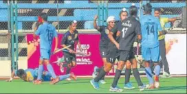  ?? KIYG ?? Punjab men celebrate their solitary goal against Uttar Pradesh in under-21 in Mumbai on Tuesday.