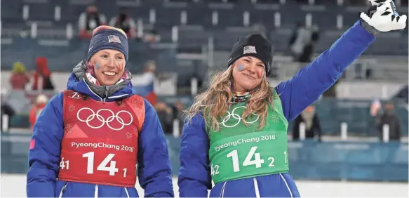  ?? SOOBUM IM/USA TODAY ?? Kikkan Randall, left, celebrated with Jessie Diggins after they won the women’s cross-country skiing team sprint freestyle final in Pyeongchan­g.