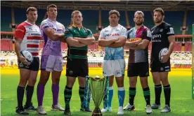  ??  ?? Gloucester’s Ed Slater, Exeter’s Jack Yeandle, Northampto­n’s Alex Waller, Jono Ross of Sale, Harlequins’ Chris Robshaw and Charlie Ewels of Bath at the European Champions Cup launch. Photograph: Getty Images