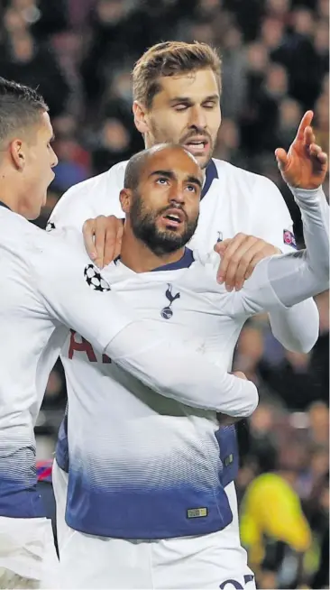  ?? Photo: Evening Standard ?? Tottenham Hotspurs players with Lucas Moura celebrate their 3-0 win over Borussia Dortmund in the Champions League.