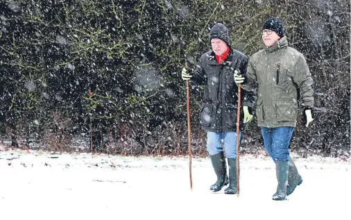  ?? Picture: Mhairi Edwards. ?? Brothers Jimmy and Harry Fraser walk through the snow in Camperdown Park, Dundee.