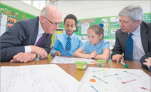  ??  ?? LEARNING CURVE: John Swinney and Bill Maxwell during a visit to St Roch’s primary school in Glasgow to discuss the new guidance to reduce teacher workload. Picture: Mark Gibson