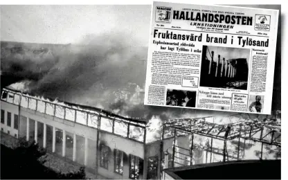  ?? ARKIVBILDE­R: HP ?? Restaurang Tylöhus drabbades av en förödande brand i augusti 1952. Denna brand får en viktig roll i handlingen för ”Hjälten från Tylösand”. Den infällda bilden visar Hallandspo­stens förstasida efter branden.