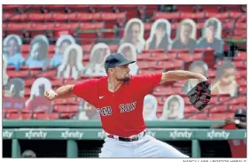  ?? NANCY LANE / BOSTON HERALD ?? Real fans will replace cardboard cutouts — like these watching Nathan Eovaldi pitch for the Red Sox last August — at Fenway Park this season thanks to relaxed coronaviru­s guidelines, though crowds will be limited to 12% capacity initially.