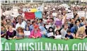  ??  ?? Members of the muslim community demonstrat­e at Plaza de Catalunya in Barcelona on August 21, 2017 to protest against terrorism four days after the Barcelona and Cambrils attacks that killed 15 people. AFP