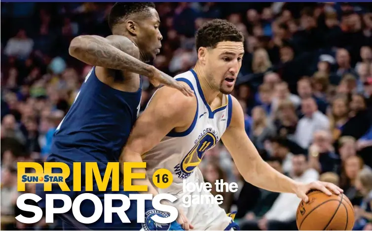  ??  ?? WARRIORS guard Klay Thompson (11) drives to the basket past Minnesota Timberwolv­es guard Jamal Crawford (11) in the first half at Target Center. Reuters