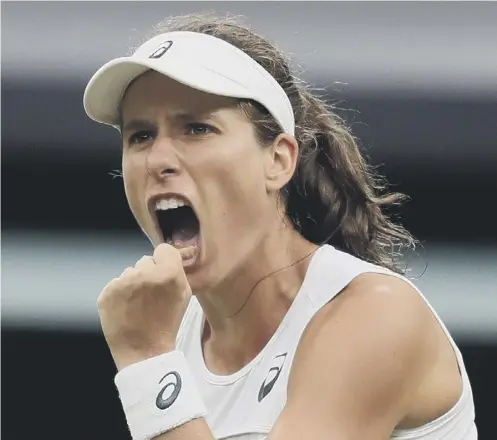  ??  ?? 0 Johanna Konta celebrates after clinching the second set. Below, former Wimbledon champion Virginia Wade watches from the stands.