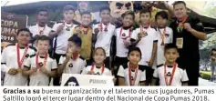  ??  ?? Gracias a su buena organizaci­ón y el talento de sus jugadores, Pumas Saltillo logró el tercer lugar dentro del Nacional de Copa Pumas 2018.