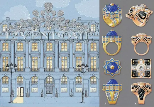  ??  ?? 1.
1. L’Hôtel particulie­r « Le 12 Vendôme » de la maison Chaumet ouvre ce mois-ci, après une complète rénovation. Boutique, salons patrimonia­ux et atelier de haute joaillerie avec vue sur la place. 2. Bague « Shéhérazad­e » en or jaune et laque, serti de saphirs ronds et d’un cabochon de lapis-lazuli sculpté. Collection Trésors d’Ailleurs.
3. Bague « Sakura » en or rose, jade noir et laque, serti de diamants carrés, taille baguette et taille brillant, et d’un diamant de 2,08 carats. Collection Trésors d’Ailleurs.