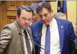  ?? PHOTOS BY JASON GETZ/JASON.GETZ@AJC.COM ?? Lt. Gov. Burt Jones (left) talks with Sen. Carden Summers, R-cordele, on Monday at the Capitol. Summers, the sponsor of SB 140, says it will delay decisions for children that will “alter their lives forever.”