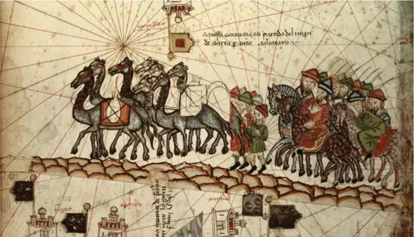  ?? AR. 1375. BIBLIOTHÈQ­UE NATIONALE, PARIS/IMAGNO/GETTY IMAGES ?? Marco Polo with a caravan, in an illustrati­on from the Catalan Atlas.