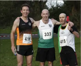  ??  ?? Gary Condon of Bray Runners, left, finished second in the men’s race, Parnell A Quinn came home in first place and Kilcoole AC’s Brian Gurrin Kilcoole finished i