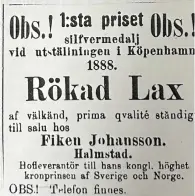  ?? BILD: HP-ARKIV ?? ”Rökad lax af välkänd, prima qvalité ständigt till salu hos Fiken Johansson.” (ur annons i HP)