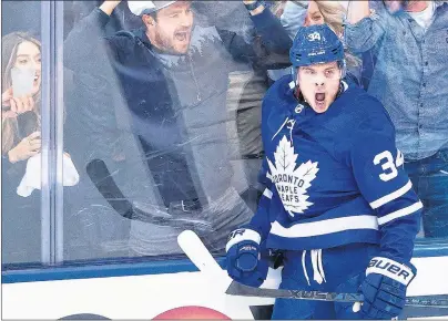  ?? CP PHOTO ?? In this April 16, 2018, file photo, Toronto Maple Leafs centre Auston Matthews (34) reacts after scoring against the Boston Bruins during second period NHL, round one playoff hockey game in Toronto. When the Arizona Coyotes moved to the desert in 1996, the youth hockey scene in the desert was nearly non-existent. With the help of the Coyotes and a big boost from Auston Matthews’ popularity, Arizona has become one of the fastest-growing areas for grassroots hockey.
