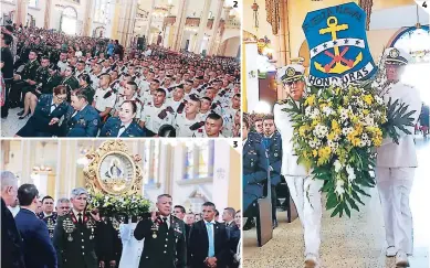  ??  ?? (1) Luego de la misa, decenas de personas se acercaron a la Virgen de Suyapa. (2) Los uniformado­s se hicieron presentes. (3) La Virgen Peregrina fue cargada en hombros. (4) Las ofrendas que se presentaro­n.