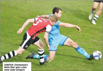  ??  ?? STRETCH: Cheltenham’s Matty Blair gets a shot away under pressure from Jack Sparkes and, below, Exeter’s Ryan Bowman shoots