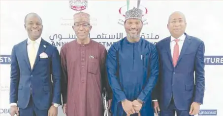  ?? ?? L–R: Temi Popoola, chief executive officer, Nigerian Exchange Limited; Lamido Yuguda, director general, Securities and Exchange Commission (SEC); Dayo Obisan, executive commission­er, operations, SEC; and Haruna Jalo-Waziri, chief executive officer, Central Securities Clearing System Plc, at the Annual Investment Meeting (AIM), themed “Investment­s in Sustainabl­e Innovation for a Thriving Future”, in Dubai recently.