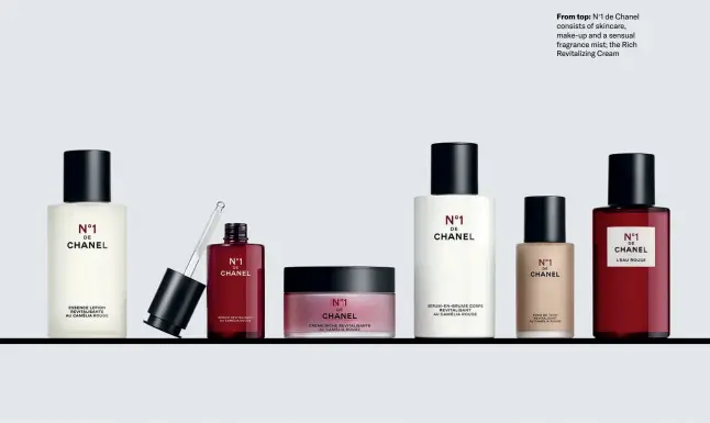  ?? ?? From top: N°1 de Chanel consists of skincare, make-up and a sensual fragrance mist; the Rich Revitalizi­ng Cream
