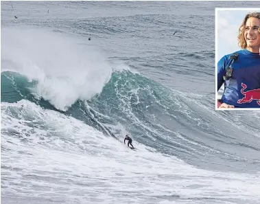  ?? ?? Teenager Ben Larg and, left, surfing at Nazare in Portugal.