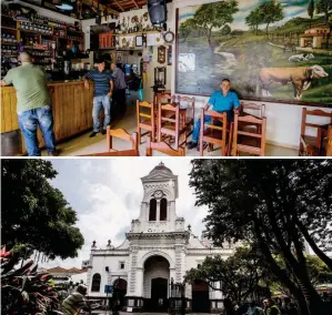  ?? FOTOS JAIME PÉREZ ?? 1. Héctor Robledo y Guillermo frente al primer edificio de Sabaneta. 2. Bar “La Cueva”. 3. Iglesia del parque.