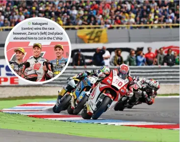  ??  ?? Nakagami (centre) wins the race however, Zarco’s (left) 2nd place elevated him to 1st in the C’ship