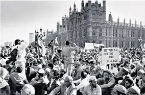  ?? ?? The book that unleashed hell: main image, Rushdie photograph­ed in 1988 as a Booker Prize finalist; left, British Muslims protest against The Satanic Verses outside Parliament, 1989; below, protests in Derby, 1989; and bottom, Ayatollah Khomeini