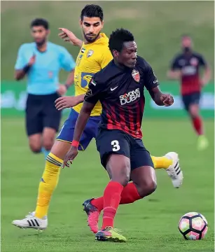  ?? Courtesy Twitter ?? Al Ahli’s Asamoah Gyan vies for the ball during the Round 20 AGL match at the Hamdan bin Zayed Al Nahyan Stadium on Wednesday. —